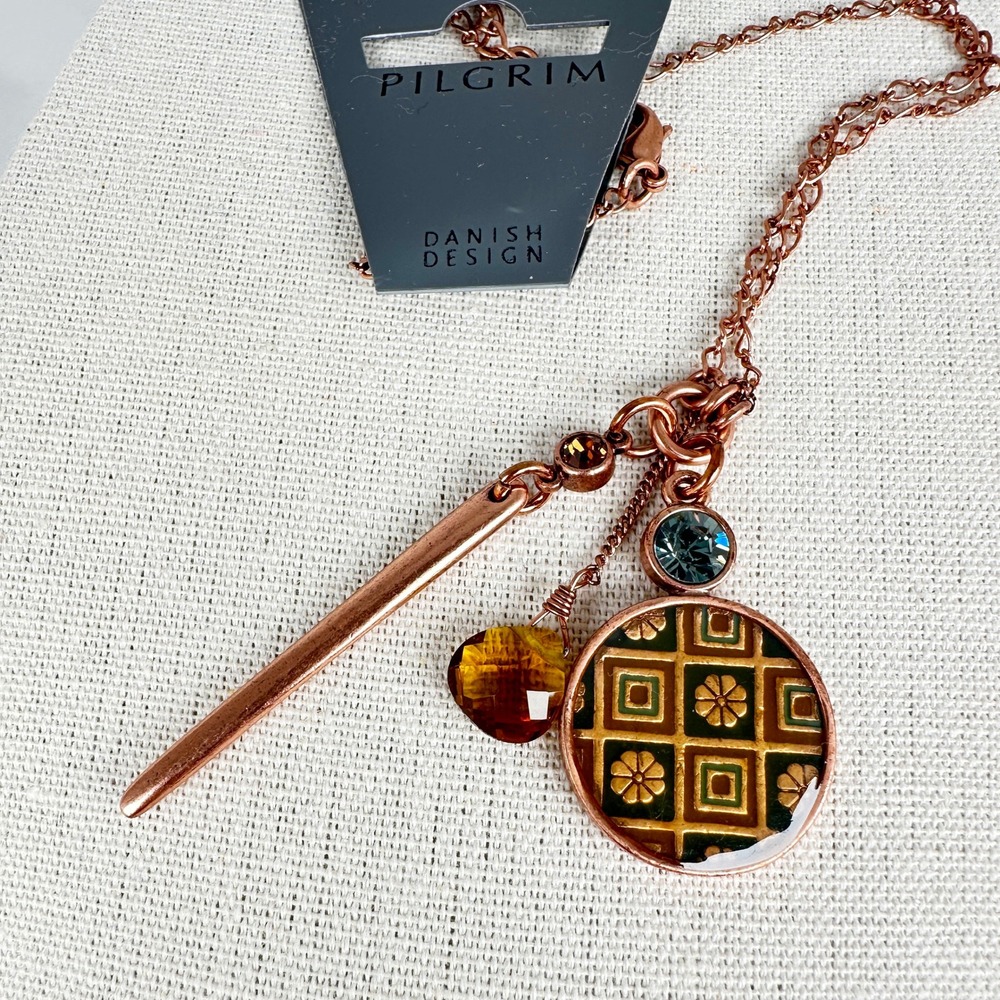 Pilgrim Danish Design Rose Gold Necklace Crystal Enamel Clover NWT Copper Tone